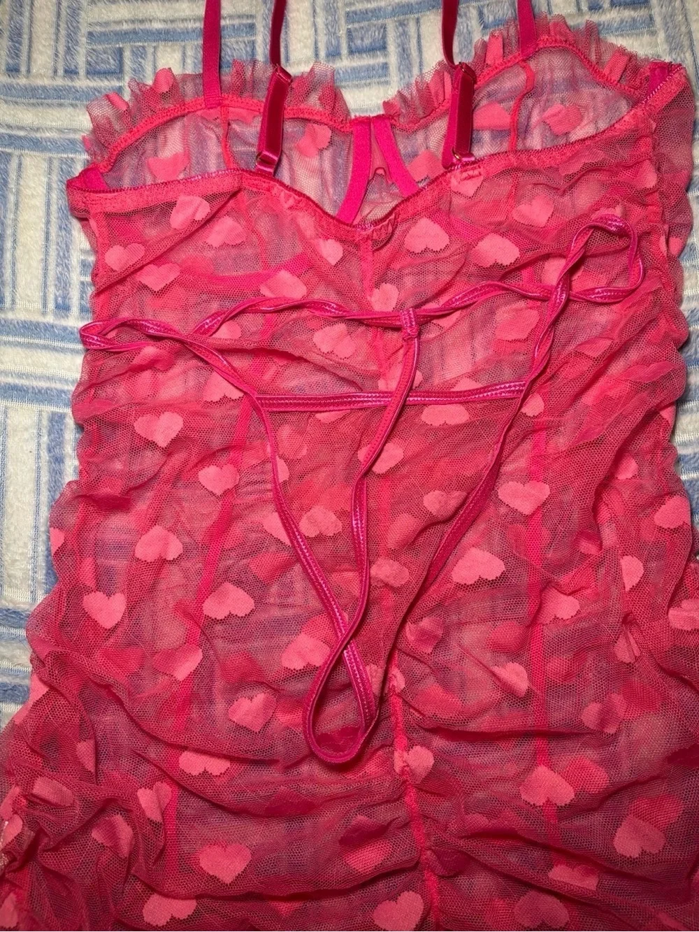 Hot Pink Ruffle Heart Design Sheer Lingerie Nightgown Teddy  Matching G-String
